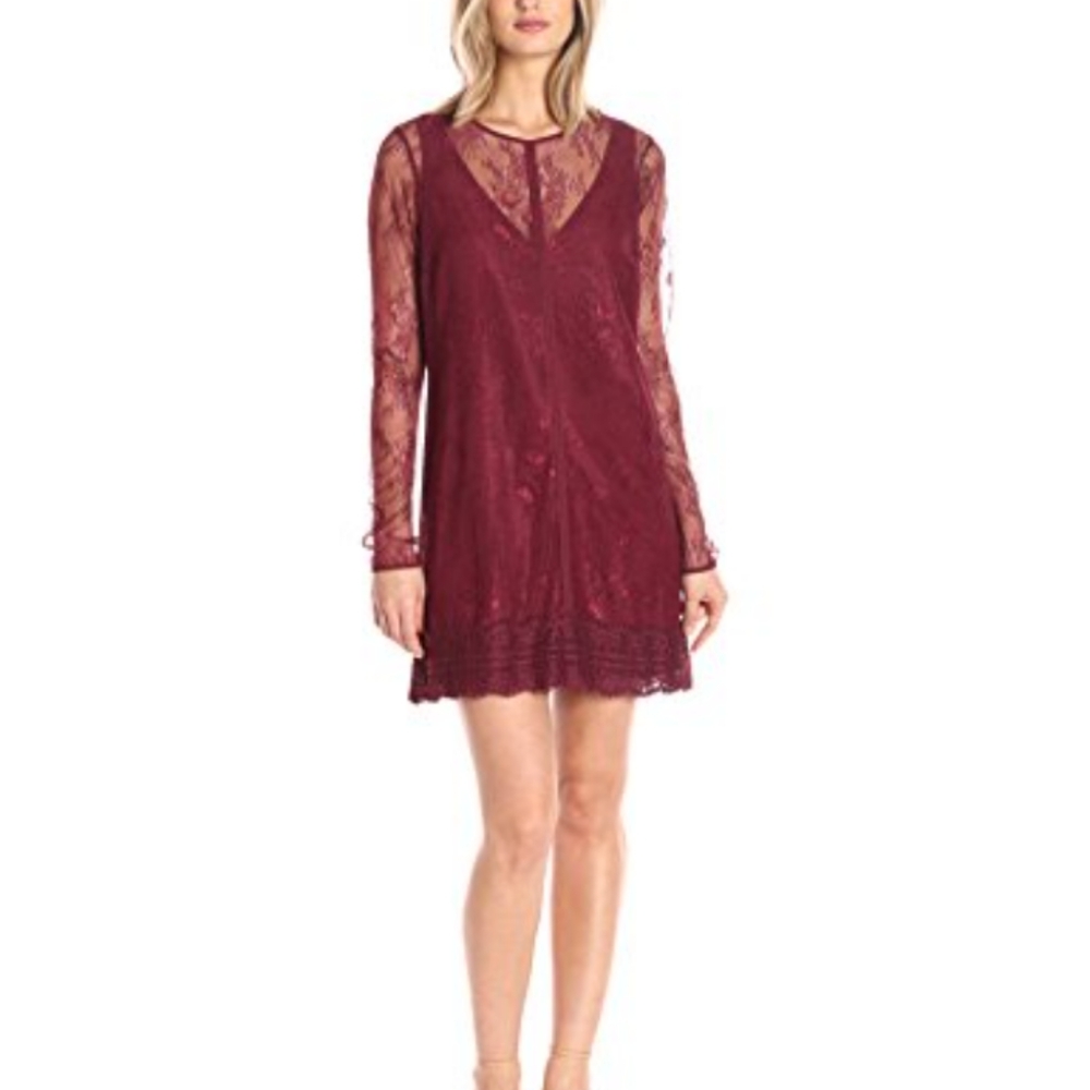 Guess burgundy maroon lace overlay sleeved dress